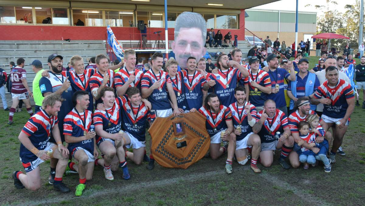 Cameron Vazzoler and his first grade Bega Roosters celebrate the 2022 Group 16 premiership. Picture by Ben Smyth