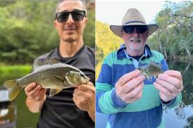 David Lee and Garry McKeahnie with their first Australian bass caught at last weekend's Brogo Big Bass fishing competition. Pictures supplied