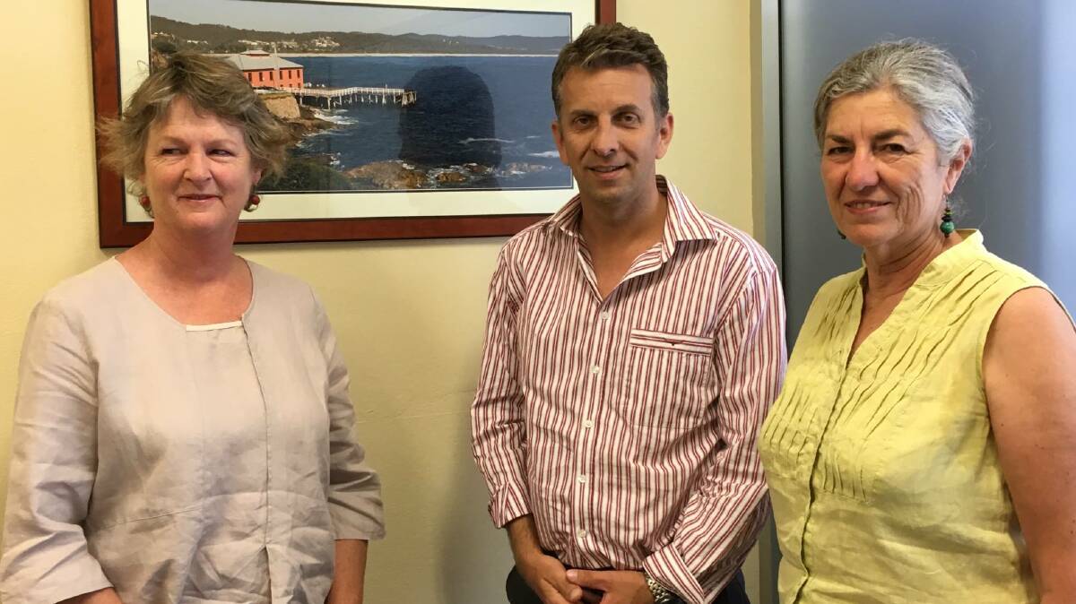 Pip Marshman and Christine Hamilton discuss the Tathra Headland Pathway project with Member for Bega Andrew Constance at his Bega electorate office.