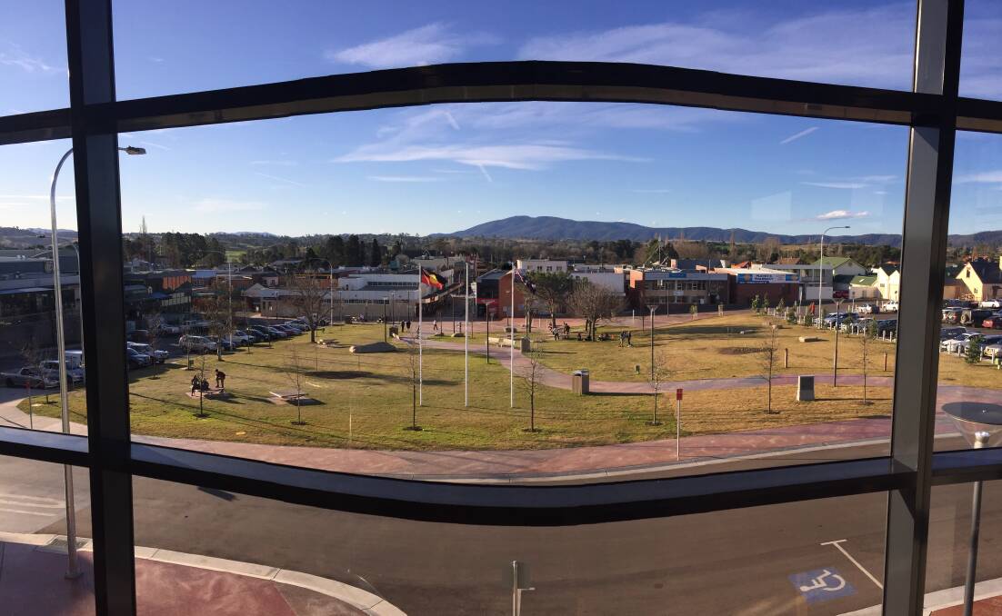 SCENIC: The view from inside the new Bega Valley Commemorative Civic Centre, looking across Littleton Gardens towards Biamanga (Mumbulla Mountain)