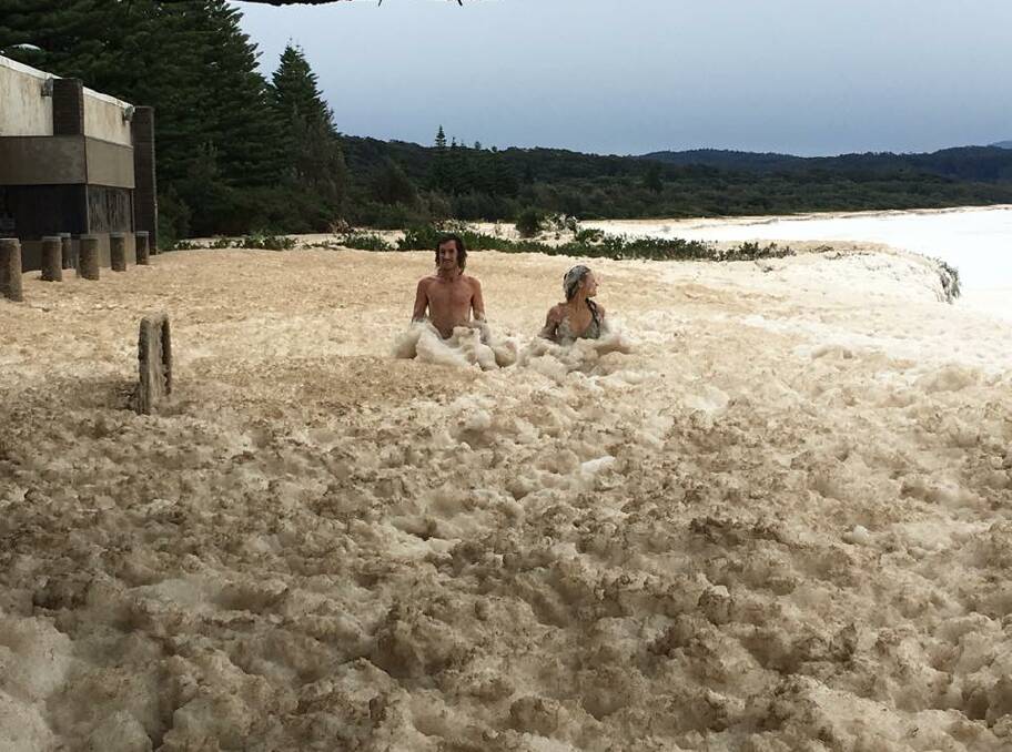Sea foam banked up on Tathra Beach after the June East Coast Low. Photo from Facebook by Jo Riley-Fitzer