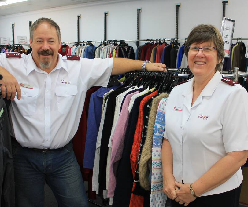NEW PREMISES: Bega Salvation Army corps officers Rod and Deb Parsons spruik the Red Shield Appeal while inspecting the Salvos' new op shop premises in Bega.