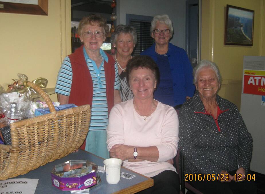 MORNING CUPPA: Volunteers working at the Biggest Morning Tea event  held on Monday at the Tathra Beach Country Club are organiser Lesley Baird, Dorothea  Burhop, Robyn Croft, (sitting) Judy Shallard and Joy Brunton.
