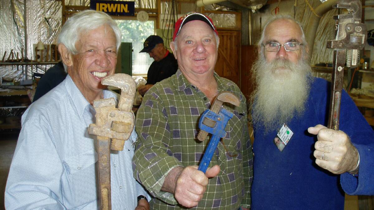 Check your tools: Wallaga Lake-Bermagui Men's Shed members Ted Ferguson, Brian Byrne and Jack Couch get set for a Men's Health Week tune-up.