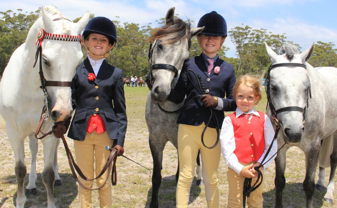 SHOW RIDES: In the Pambula Show ring on Saturday are Emerson Armstrong, 10, with her pony Eddy, Maddie Cullen, 10, with Barney, and Sienna Jessop, 5, with Ty. 