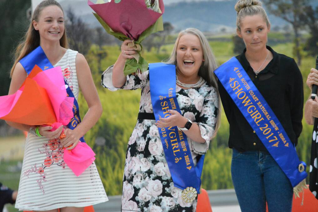 HANDOVER: Bega's Junior Showgirl for 2018 Renee Cooper and Bega Showgirl Carly Pearce celebrate with outgoing showgirl Ebony Martin. Photo: Ben Smyth