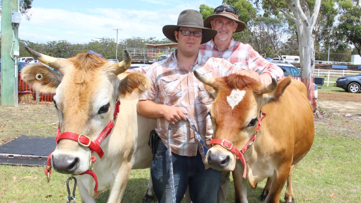 Aaron Burns and Peter McCarthy of Wandella, with Turtle and Ruby, at the weekend's Pambula Show.