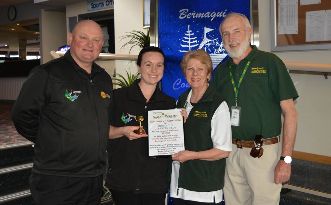 Can Assist's Lori and Gerry Hammerton receive proceeds from July's Melbourne Cup Tour event from the Bermagui Country Club's Robert Beuzeville and Sarah Cefai. 