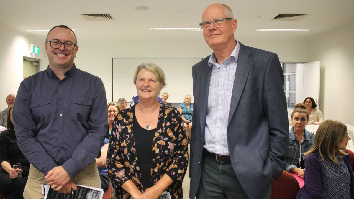 Health Education and Training Institution rural research program officer David Schmidt, SNSWLHD clinical governance officer Sally Josh and University of Wollongong associate professor David Garne headed the panel discussion at the Bega health research forum.
