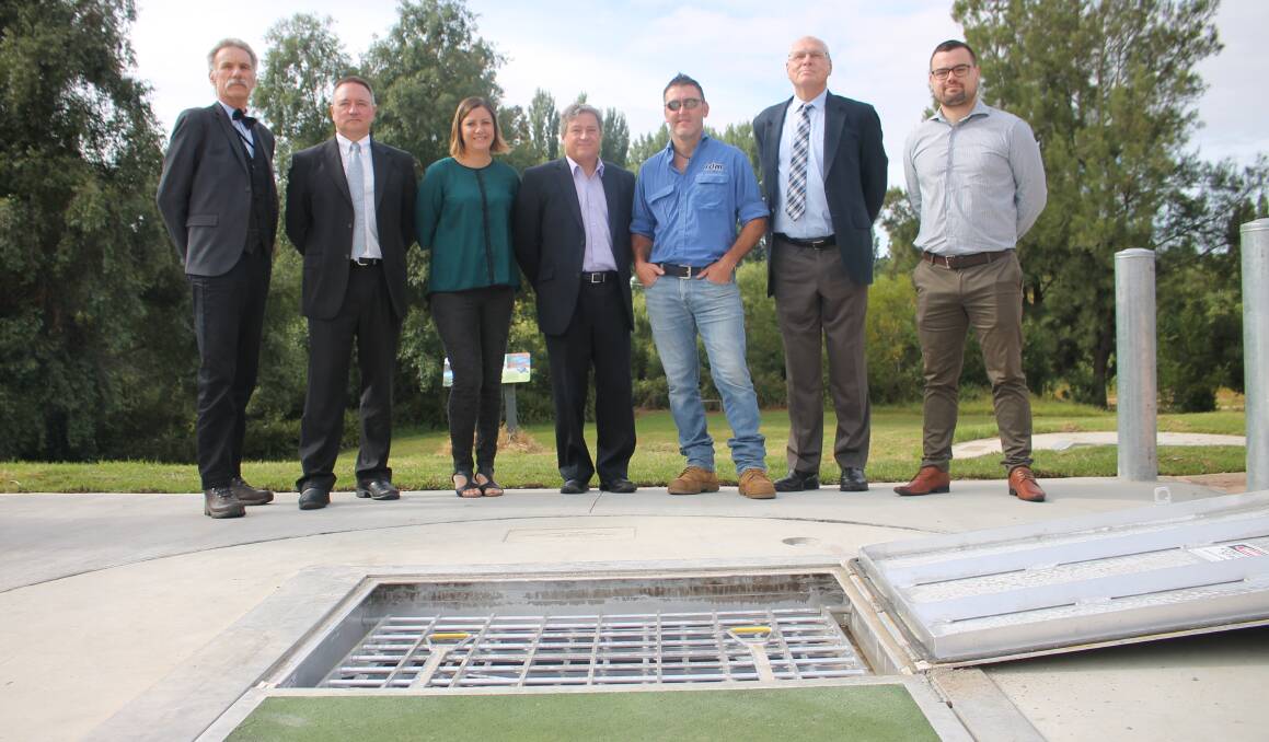 WATER WORKS: Council project officer Andrew Stewart, Council water and sewerage manager Jim Collins, Bega Valley Shire Mayor Kristy McBain, Bega Cheese CFO Colin Griffin, contracted project manager Tim Harrison, NSW Senator Jim Molan and council water and sewer assets manager Chris Best.
