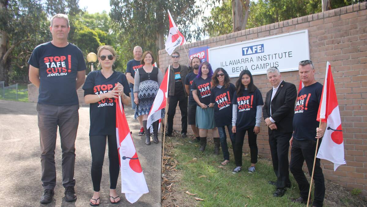 NSW Teachers Federation representative Rob Long and Bega TAFE NSW student Kirby Hayward protested TAFE cuts alongside other students and representatives from NSW Labor, the Community and Public Sector Union and the South Coast Labour Council. 
