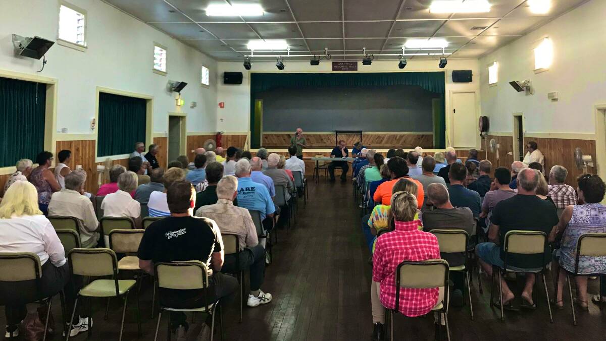 Bega Valley residents attend a meeting in Wolumla on Wednesday evening to discuss the proposed flight school at Frogs Hollow. Photo: Steve Jackson