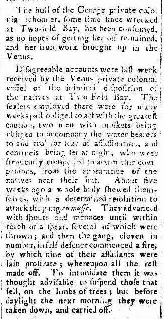 Sydney Gazette article published April 6, 1806. The article states nine Aboriginals were killed after approaching a sealing group. Image: Trove