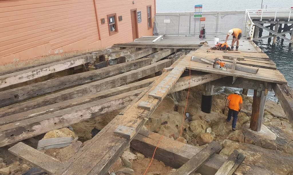 Tathra Wharf repairs in 2016 after the damage caused by the East Coast Low.  