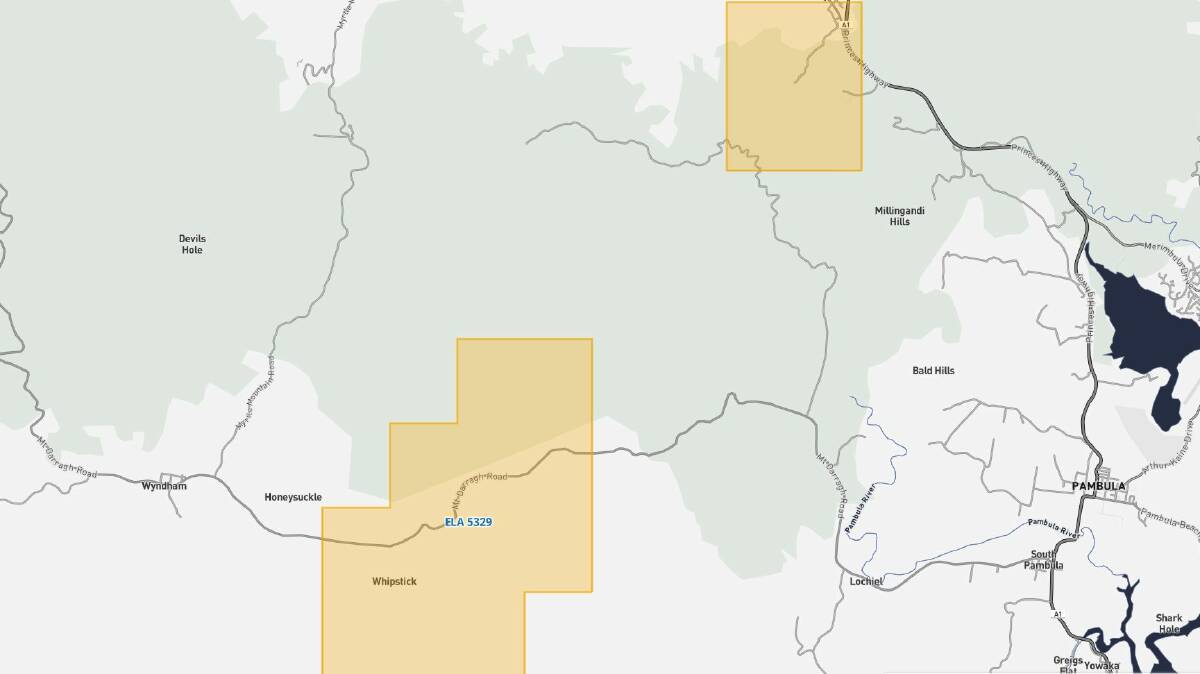 The yellow shading shows the area, where exploration licences for gold, have been lodged. 