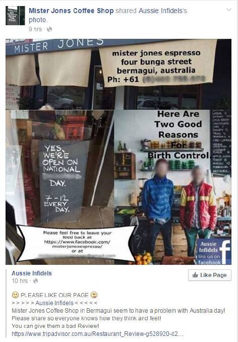 CONTROVERSY: A screenshot from the "Mister Jones Coffee Shop" Facebook page created on January 26. Photo: Facebook