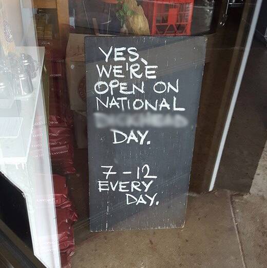 CONTROVERSY: The sign erected in Mister Jones in Bermagui on January 25. Photo: Facebook