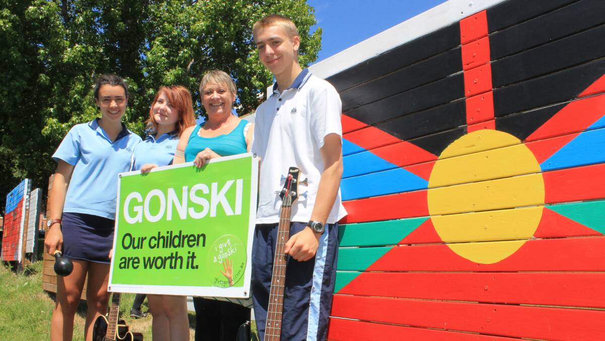 Giving a Gonski: Bega High School Year 9 students Daisy Boyle and Romilly Eggins, deputy principal Jenny Mace and Year 11 student Duke Boreham hope the Gonski program will continue to its sixth year.  