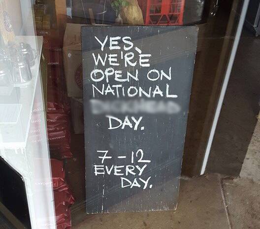 CONTROVERSY: The sign erected in Mister Jones in Bermagui on January 25. Photo: Facebook