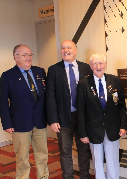 FRIENDSHIPS FORMED: Bega RSL sub-branch members Ken Witchard and Tom Blake share a laugh with David Elliott (centre) when he visited Bega. 