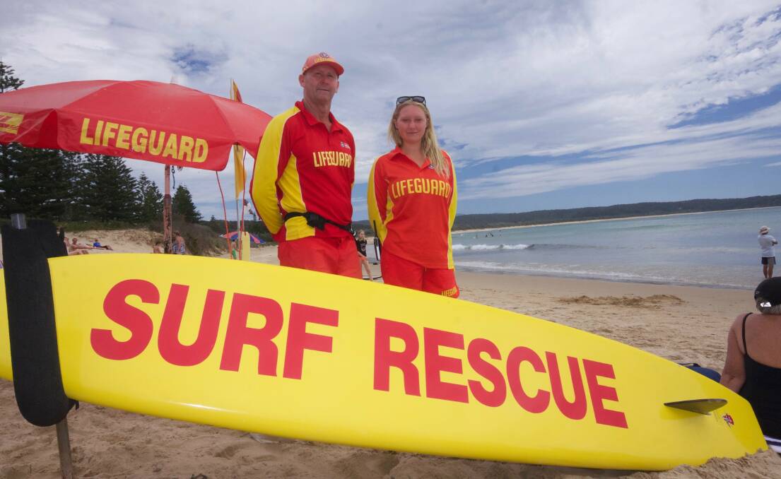 ON GUARD: Two of the lifeguards on duty this February at Tathra are Tony McCabe and Kiama Thatcher. Picture: Sarah Chenhall 