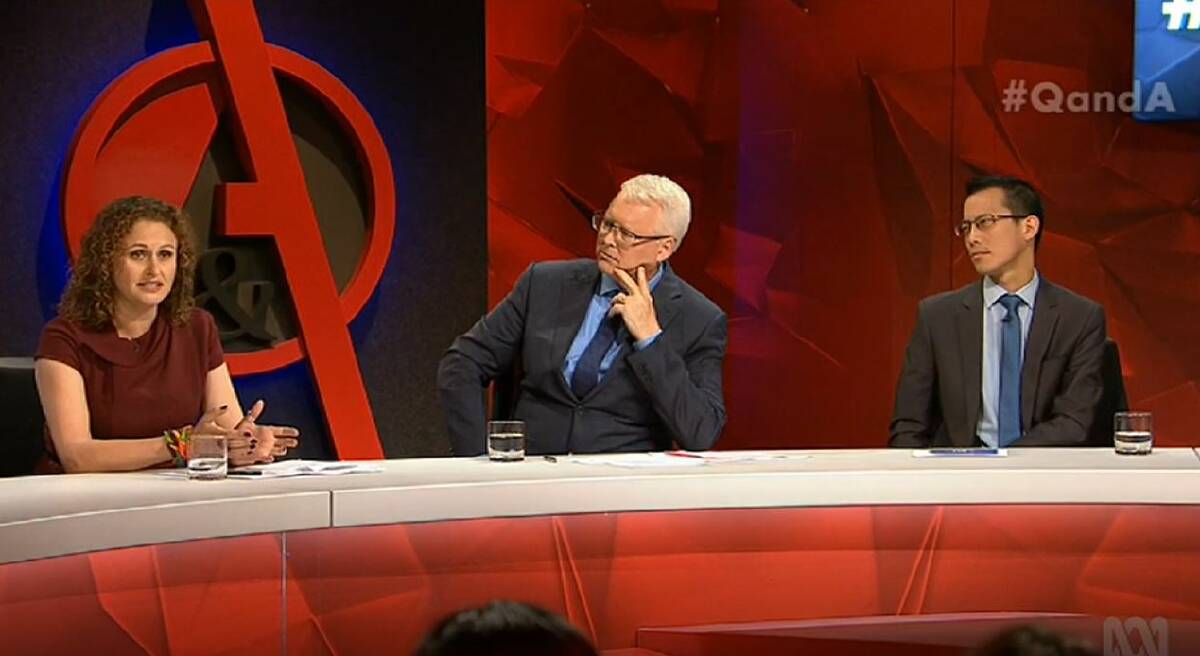 ON AIR: Gabbie Stroud talks to the Q&A audience with host Tony Jones and guest panelist Eddie Woo. Picture: ABC