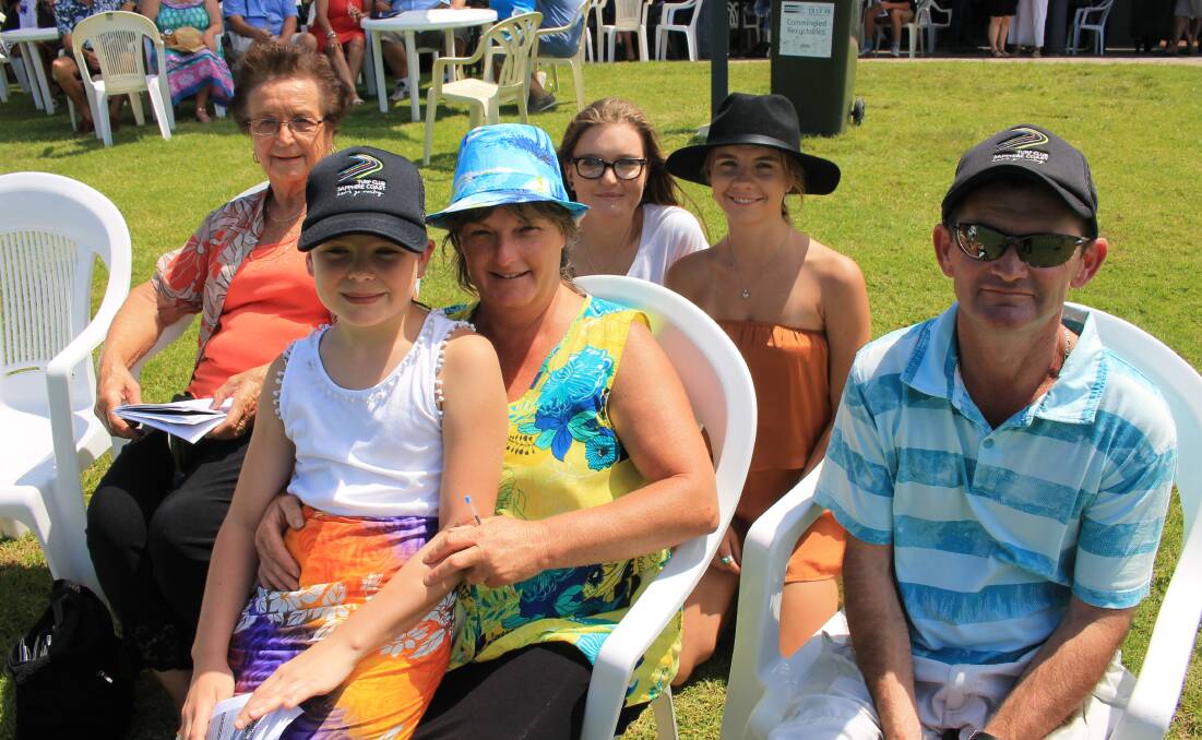 BIG DAY OUT: At the Tathra Cup on Monday are Edna Ferguson with Shakira, Kerry and Aleesha Dummett of Quaama, Alex Yelds of Merimbula and Jeremy Starr of Kalaru. 