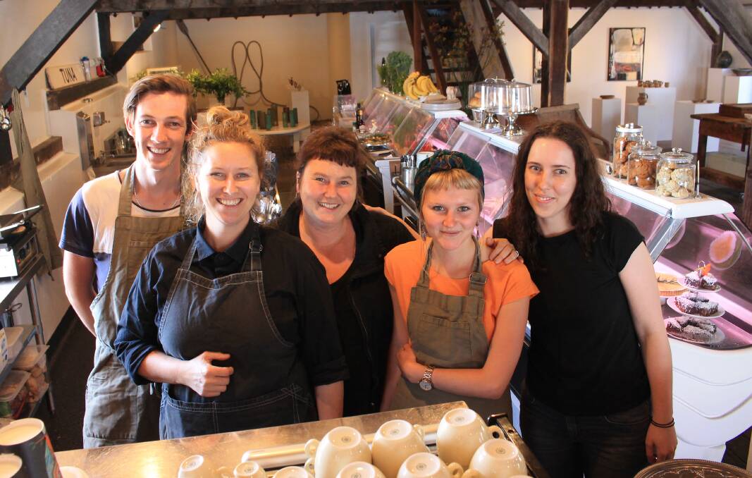 BACK IN BUSINESS: The Wharf Local's Aidan McFetters, Poppy and Emma Benton, Lhotse Collins and Leah Reckord. 