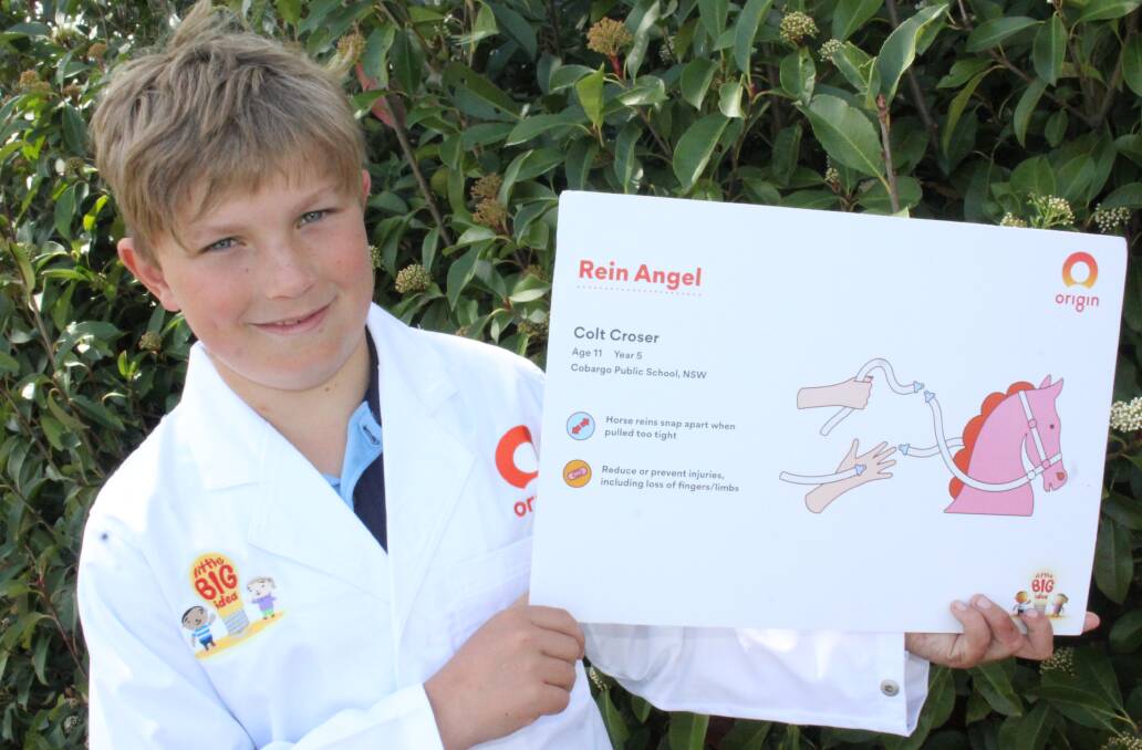 YOUNG GENIUS: Colt Croser holds an outline of his invention Rein Angel which has been chosen as a finalist in the littleBIGidea competition. 