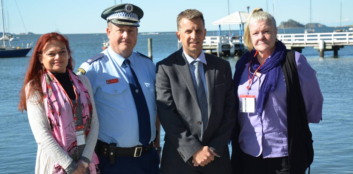 NO MORE: Domestic violence court advocates Jackie and Di with Detective Inspector Kevin McNeil and Bega MP Andrew Constance.