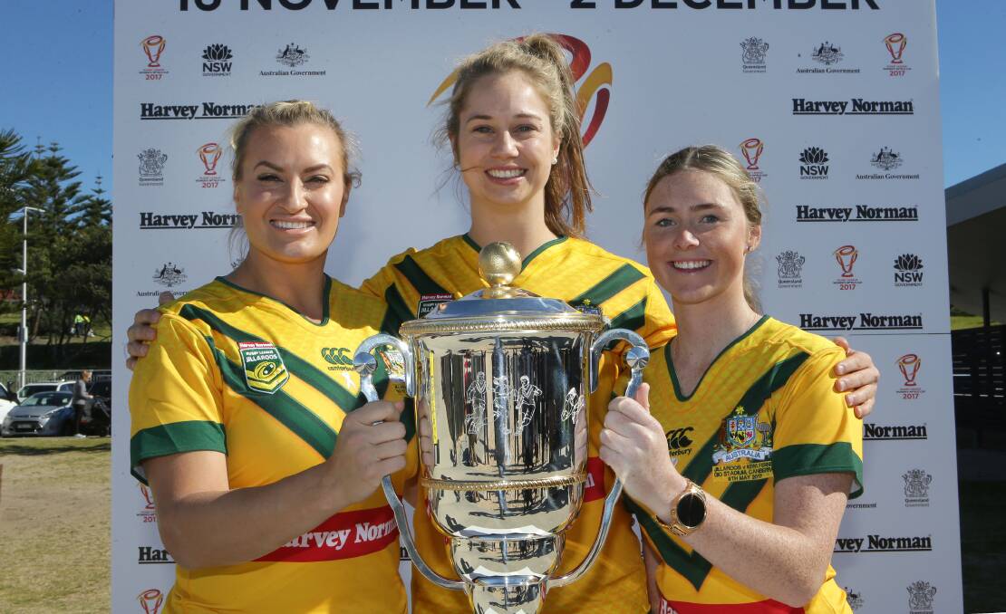 Kezie Apps helping launch the World Cup with Jillaroos team-mates. 