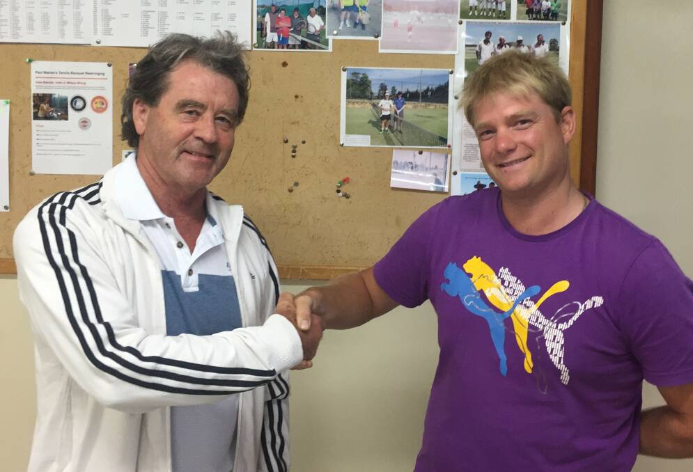 Bega tennis club president Geoff Metzler welcomes new coach Lee Patrick ahead of the junior Hot Shots program and returning night comps. 
