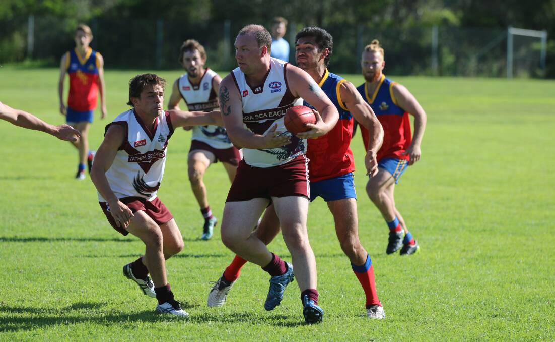 Ruckman: Wayne Flinn - pictured against Narooma in the Nines - was one of the many Sea Eagles kicking a pair of goals during the reserve grade clash on Saturday. 