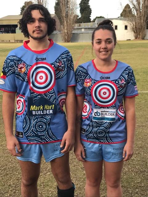 Callum and Alliera Bower-Scott model the Indigenous round jumpers worn by the Bega Roosters on Sunday when they hosted the Cooma Stallions. 