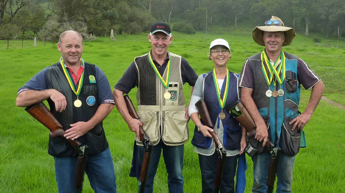 MEDALLISTS: Sweeping the pool at the Wagga Veterans Games shoot are Dean Shipton, John Gray, Christel Feldmann and Charlie Smith.