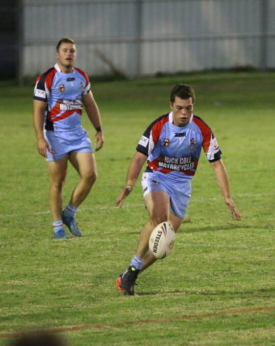 James Bower-Scott (kicking ball) is one of the key play makers for the Bega Roosters and will be influential in the result against Moruya on Sunday. 