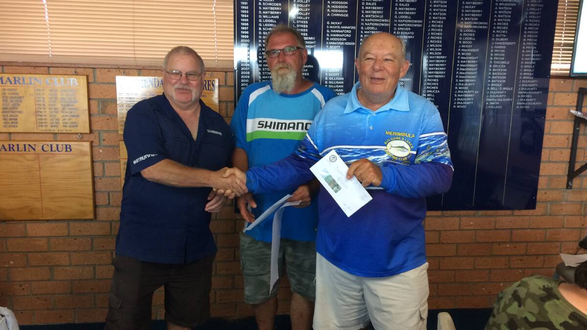 Dash for Cash. Tackleworld's Geoff Turner and organiser Lindon Thompson congratulate Chris Young with his $500 cash prize. .