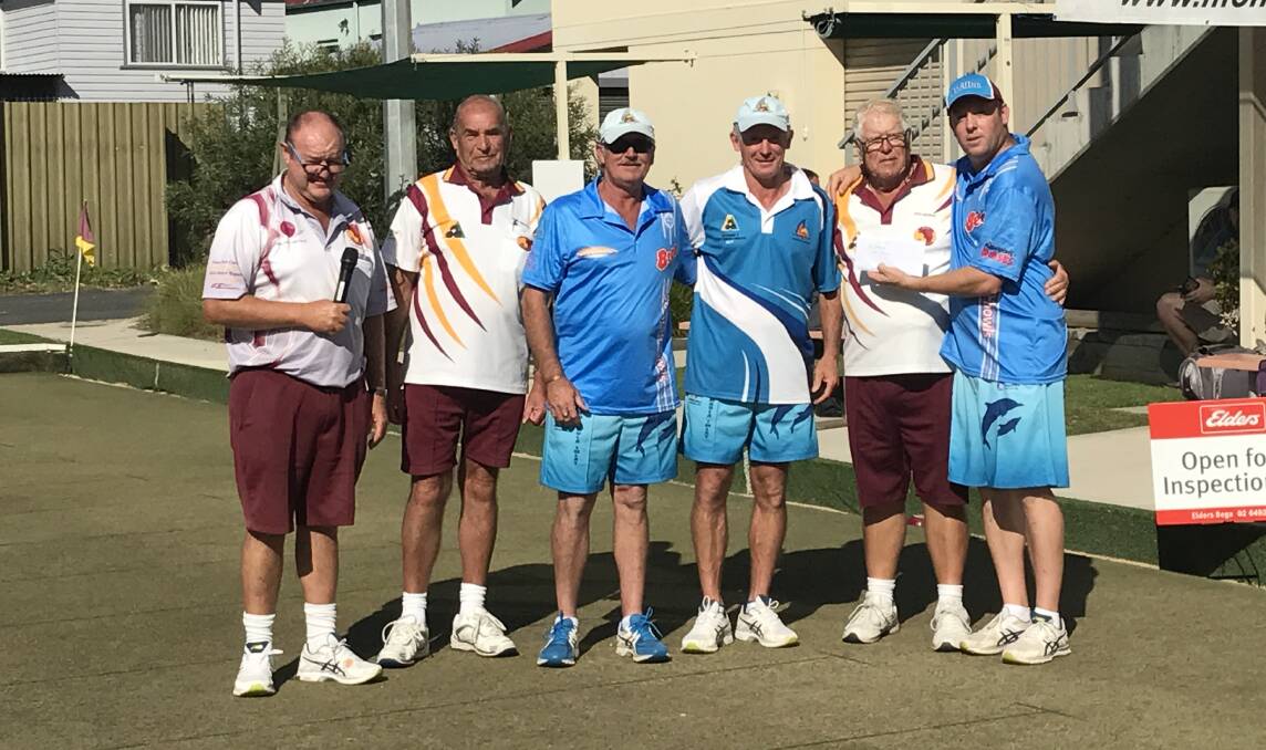 Easter tournament: Howard Blacker and Augie Philipzen congratulate the A grade winners Ron Moloney, Ricky Holt, Ron George and Michael Wilks.