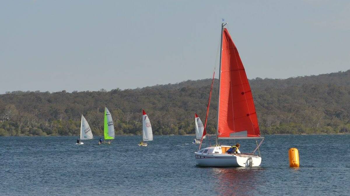 Some of the fleet get out for their first laps of the new season at the Wallagoot Lake Boat Club on Saturday. 