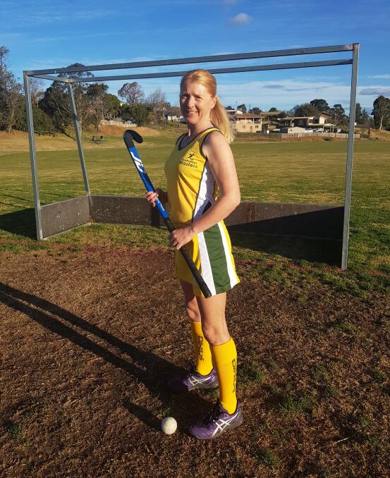 Hockey rep: Bega's Barb Rogers kits out in the Australian playing kit before flying out for The Netherlands as part of the Over 50s hockey squad. Picture: supplied.