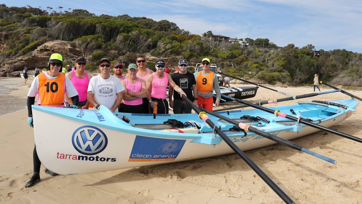 Team sport: Buff Britten (centre), with Tathra surf life saving club team-mates during the Club to Pub row in September, will go into his 13th George Bass. 