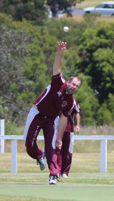 Pete Bennett, launching a ball, was one of four Tathra bowlers who picked up two wickets against Tuross Head on Saturday. 