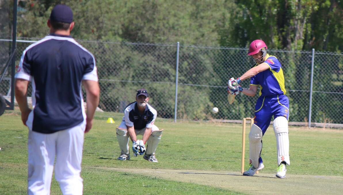 Century: Kel Evans deflects a shot from the Pirates on his way to a match-winning 130-run haul for Bega-Angledale. Picture: Jacob McMaster