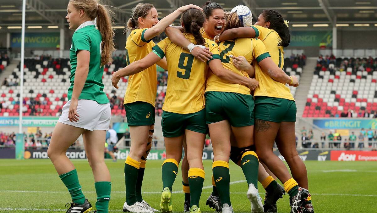 Wallaroos celebrate after claiming a try over the Irish on Tuesday night (Australian Time) Picture: World Rugby.