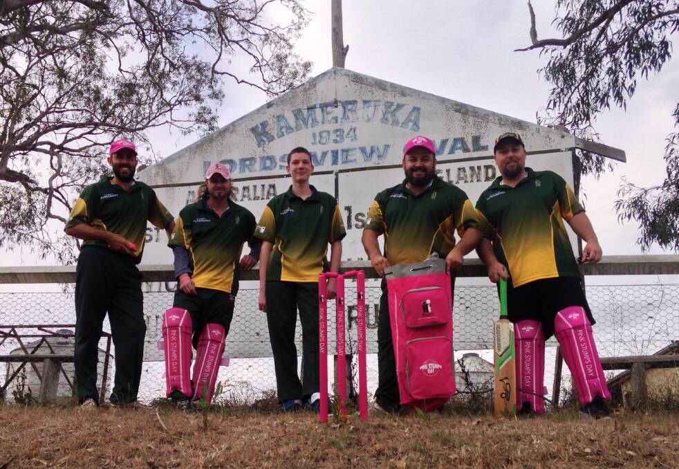 Primed in pink: Kameruka cricketers Matt Blacka, David Schumann, Jay Stafford, club president Joe Weller and Paul Cummings are excited for the Pink Stumps on Saturday. 