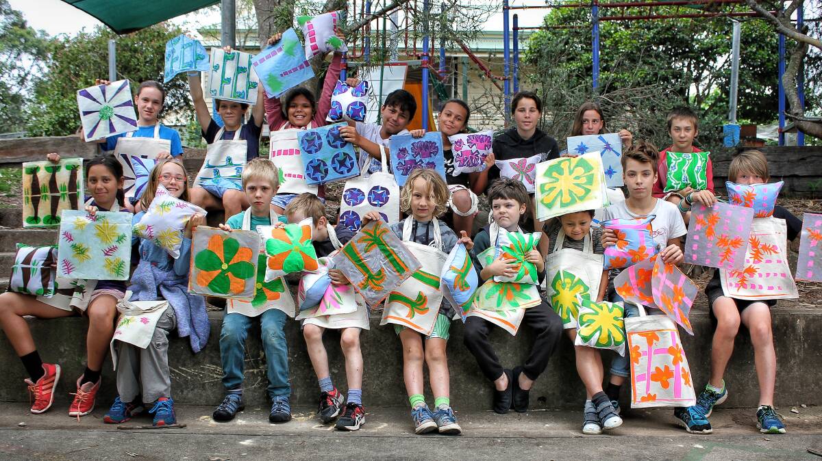 SUSTAINABLE LESSONS: Tanja Public School pupils with their sustainable silkscreen creations. Picture: Alasdair McDonald