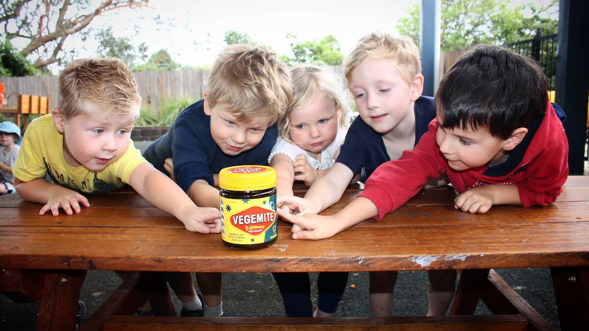 Lachlan, Eli, Poppy, Tadhg and Heath at Bega's Sunny Kids Early Learning Centre after news Bega Cheese had bought the Vegemite brand in January. Picture: Alasdair McDonald