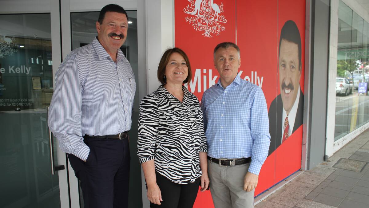 FISHING REFORMS: Federal member for Eden-Monaro Mike Kelly with Bega's Country Labor candidate Leanne Atkinson and shadow minister for primary industries, lands and Western NSW Mick Veitch. Picture: Alasdair McDonald