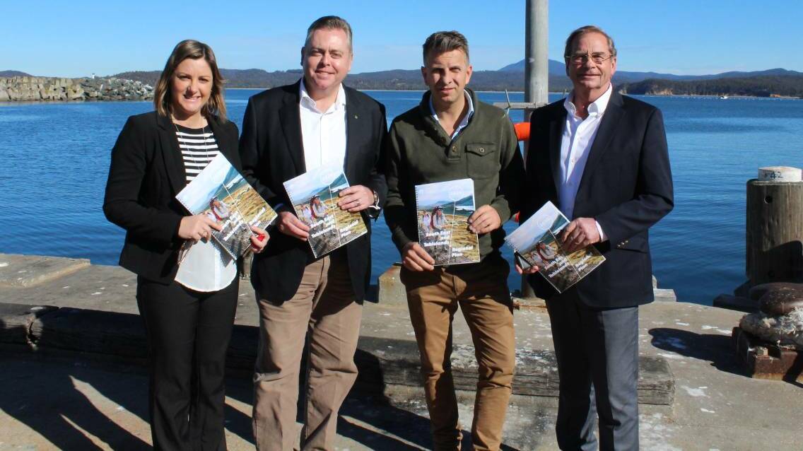 NSW Planning and Housing Minister Anthony Roberts (second left), with Bega MP Andrew Constance, Queanbeyan-Palerang regional administrator Tim Overall and Mayor Kristy McBain during a recent visit to the region. Picture: Zach Hubber