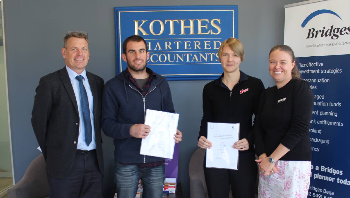 HAPPY STUDENTS: Kothes Chartered Accountants' principal Gary Skelton, UOW students Ben Marshman and Chloe Bourke and UOW Bega campus manager Samantha Avitaia.